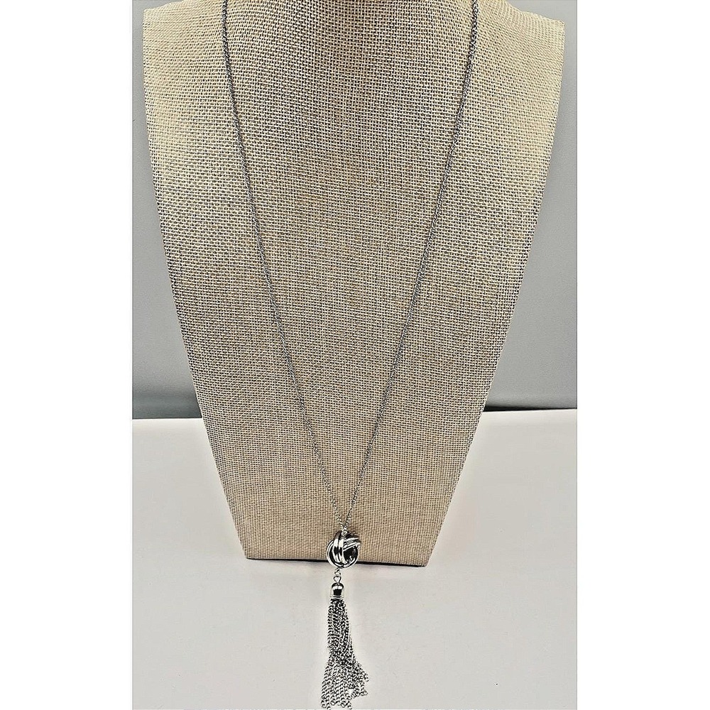 VTG Silver Knot Tassel Necklace Multi Strand Chain Statement Pendant Boho Women
